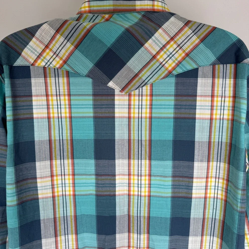 Vintage Levis Mens Western Pearl Snap Shirt Plaid Teal Blue Long Sleeve XXL